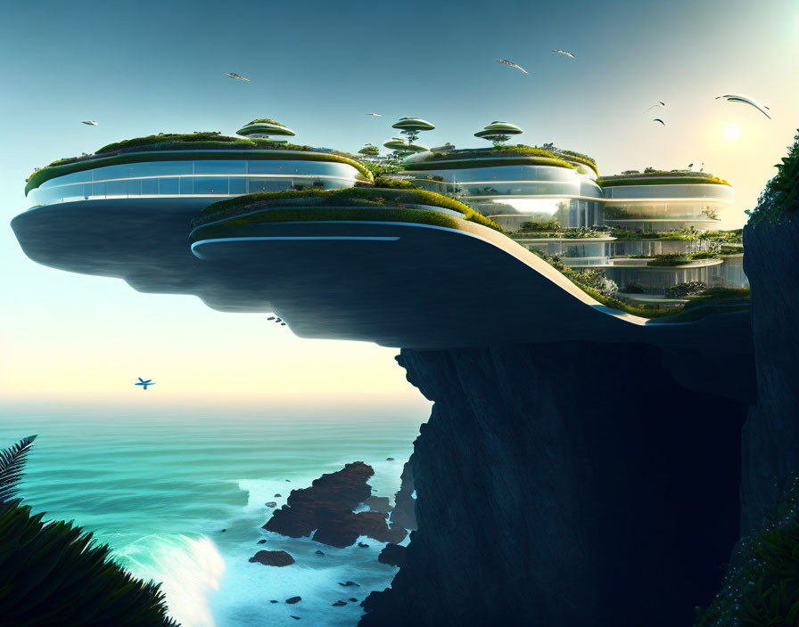 Futuristic cliffside building with green roofs and glass, set against sunset and ocean.