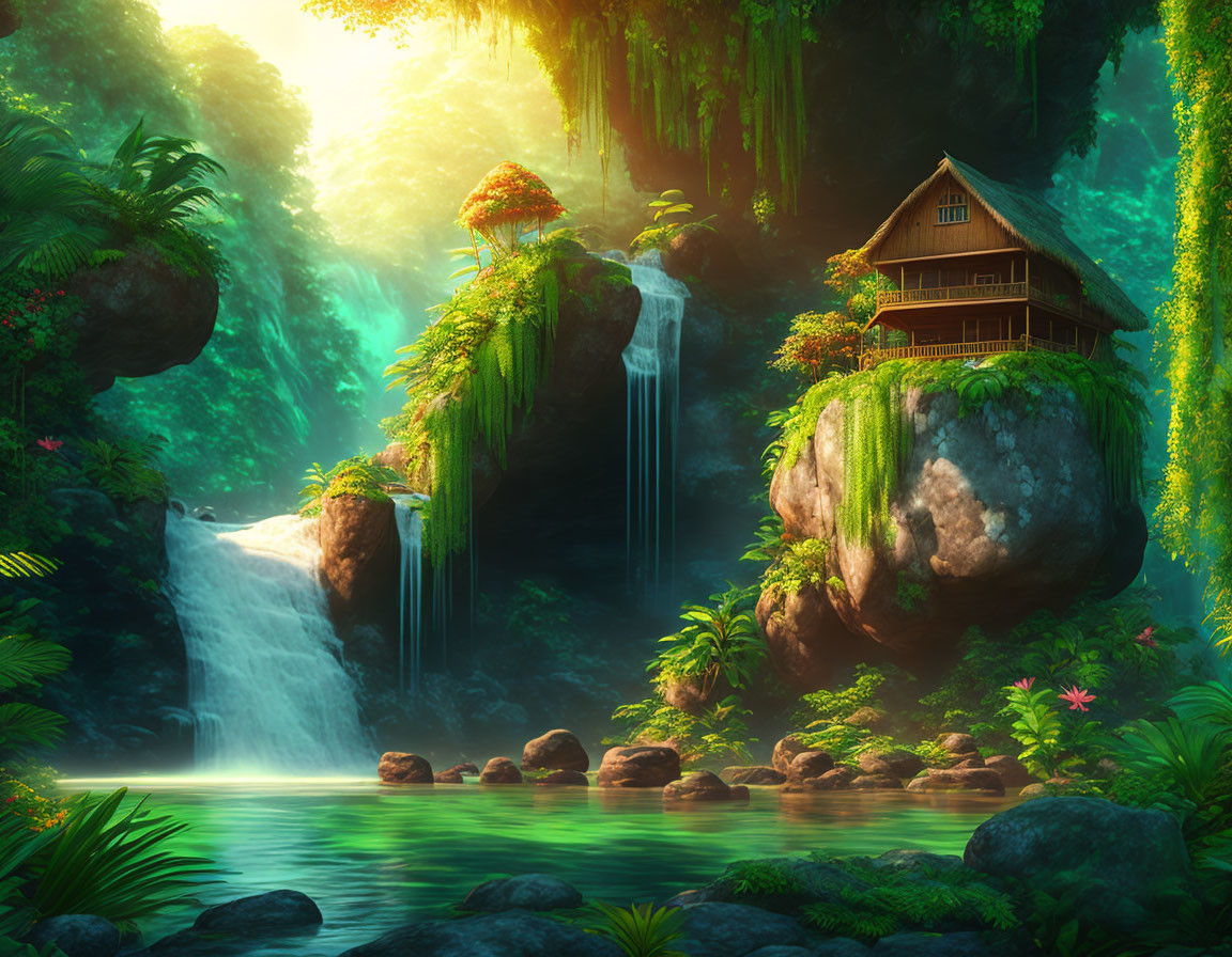 Tranquil landscape with traditional house on mossy boulder, waterfalls, and tropical flora