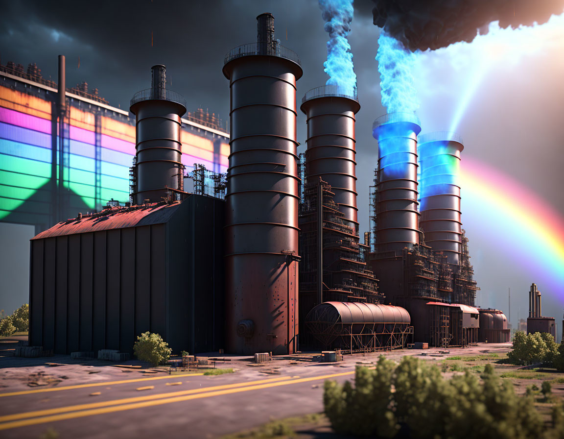 Industrial facility emits blue smoke under vivid rainbow