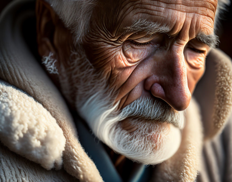 Detailed close-up of elderly man with white beard and thoughtful expression in soft light