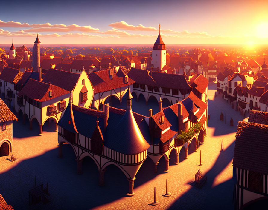 Medieval town animation: sunset scene, cobblestone streets, quaint buildings