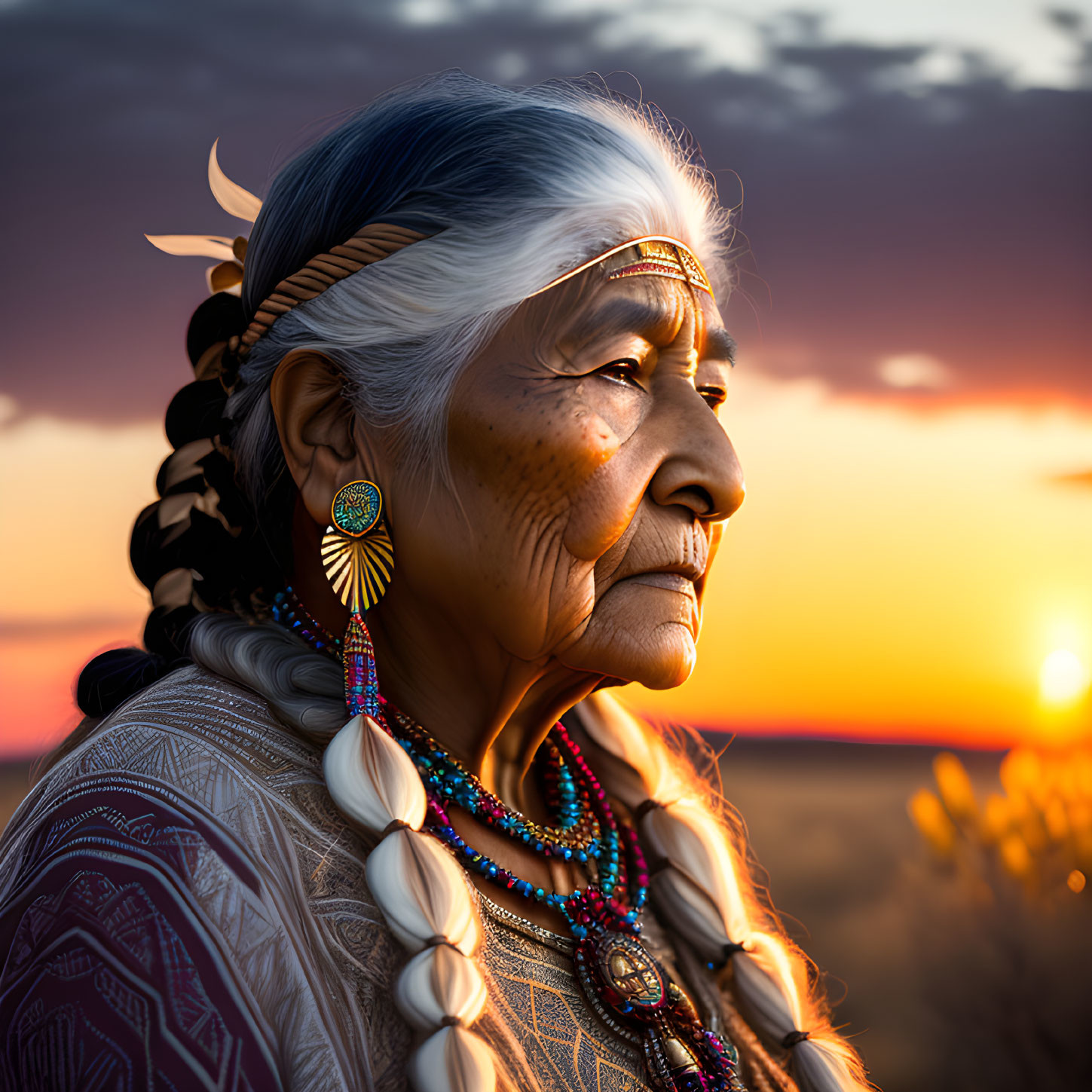 Elderly woman with braided hair and traditional jewelry at sunset