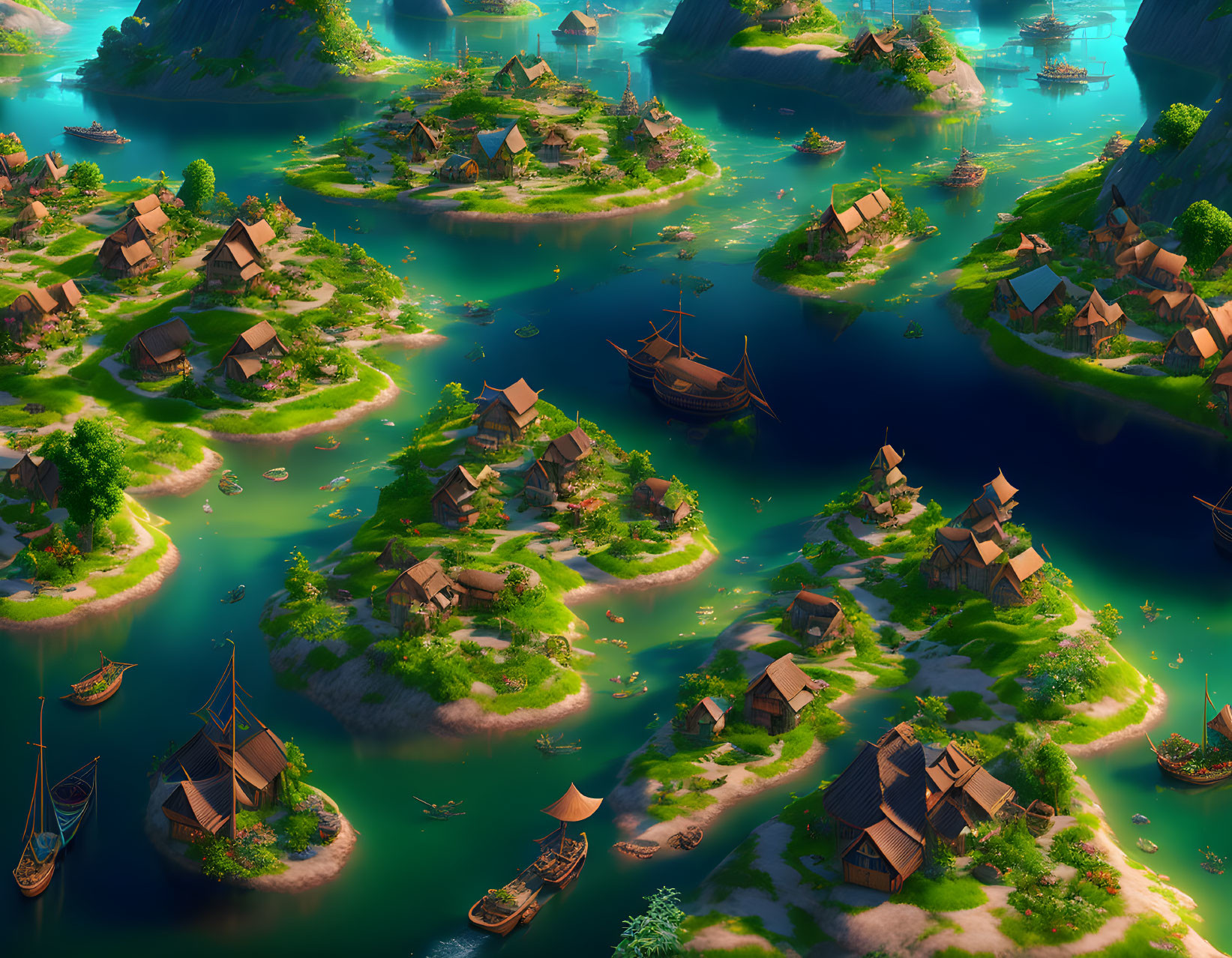Colorful fantasy archipelago with thatched houses, waterways, and sailing ships