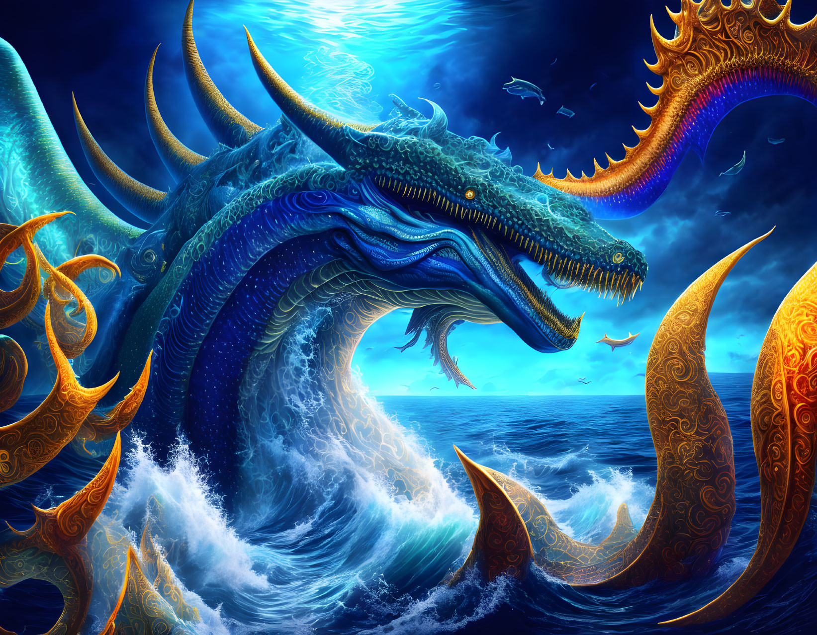 Majestic blue sea dragon in vibrant, fantastical ocean scene