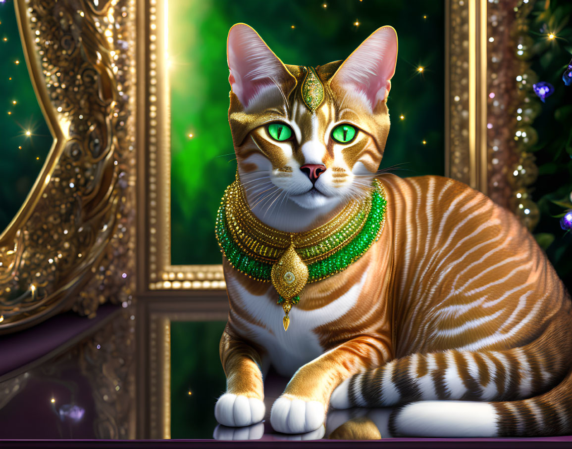 Adorned cat with jeweled headpiece and necklace in luxurious setting