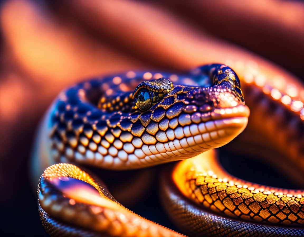 Detailed close-up of vibrant snake with intricate scales in warm orange and cool blue tones