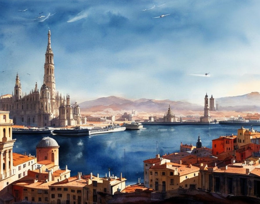 Historic coastal city with cathedral spire, boats, and birds