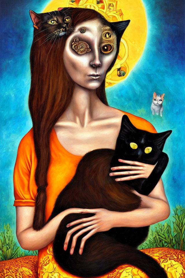 Surreal portrait of woman with cat features and black cat in dream-like setting