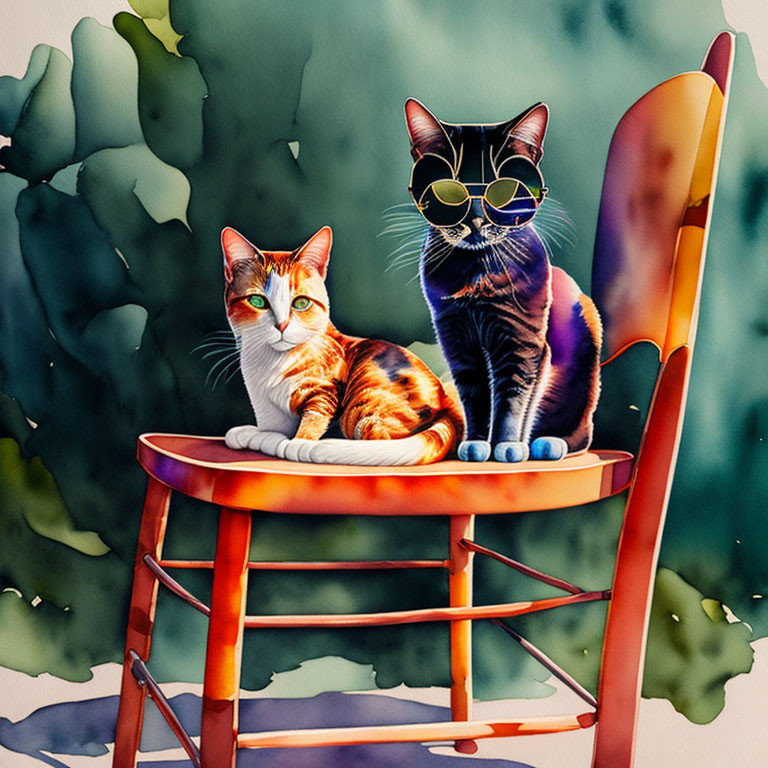 Colorful Stylized Cats on Chair with Sunglasses in Whimsical Scene