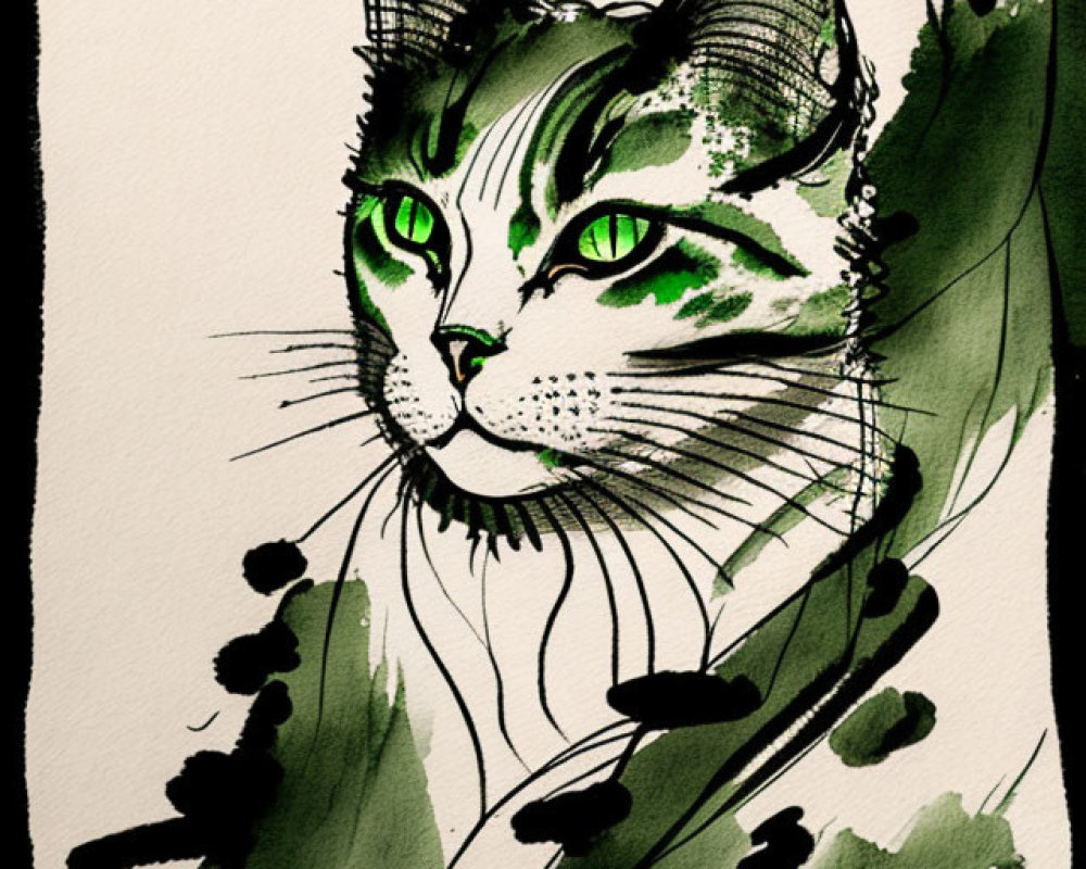 Stylized ink painting of a green-eyed cat with bold brush strokes