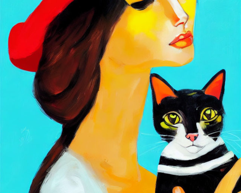 Stylized painting of woman with red hat and cat on blue background