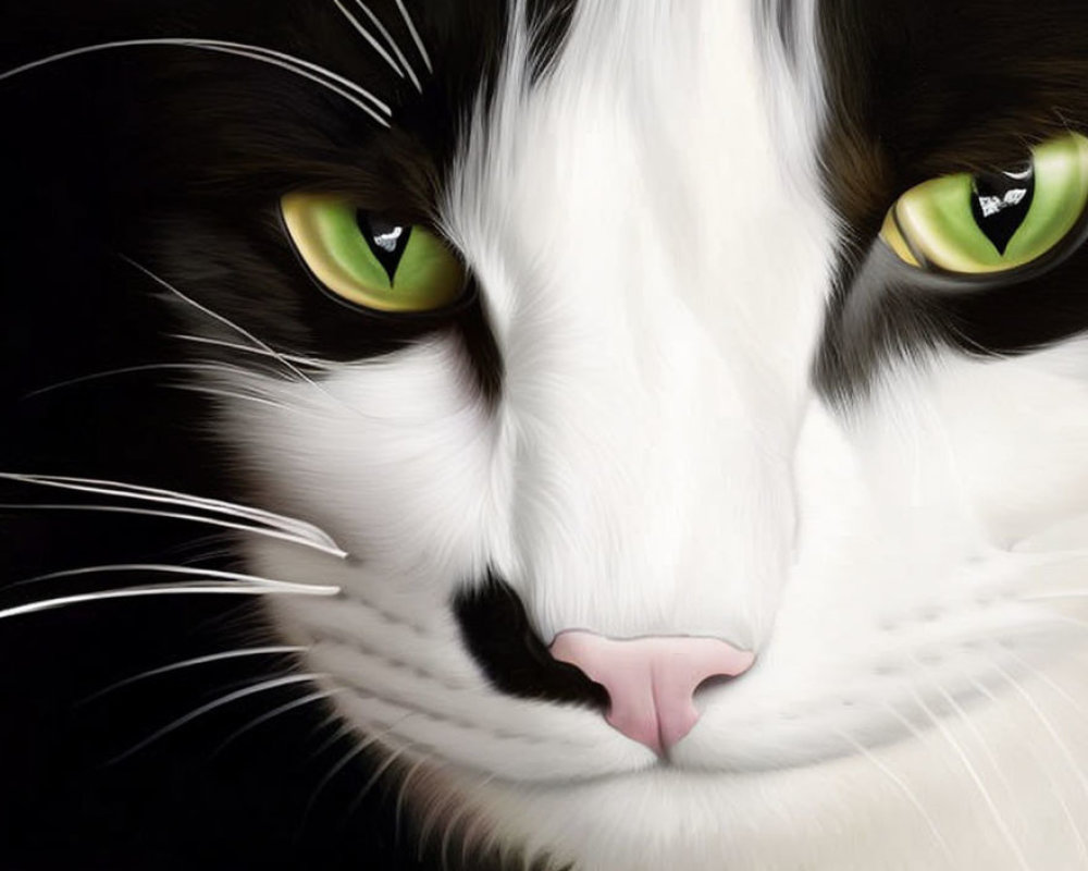 Detailed black and white cat illustration with green eyes and whiskers