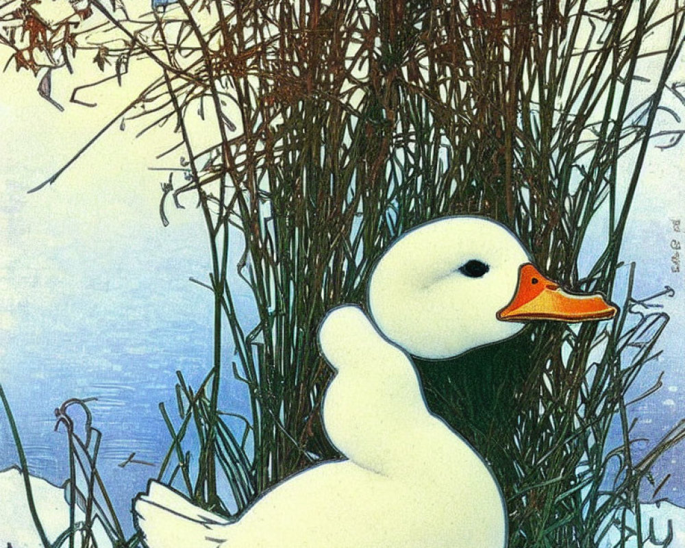 Stylized white duck with orange bill in snowy scene