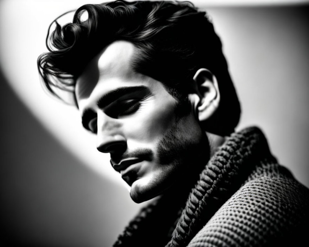 Monochrome side profile of man with styled hair and thick beard in textured high-neck sweater