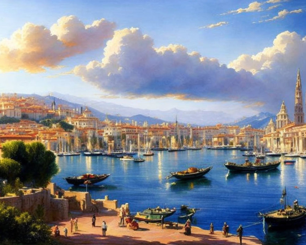 Colorful Coastal Cityscape with Harbor, Boats, Church Spire, and People