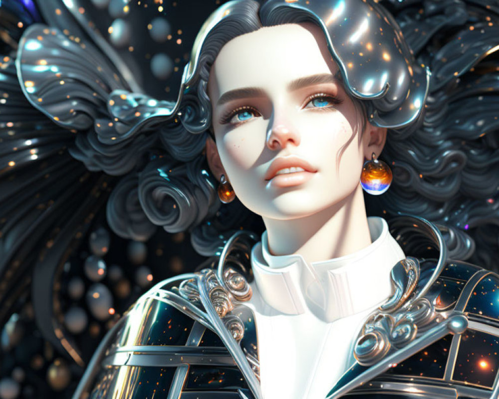 Futuristic female digital artwork with galactic-themed headdress and shining armor