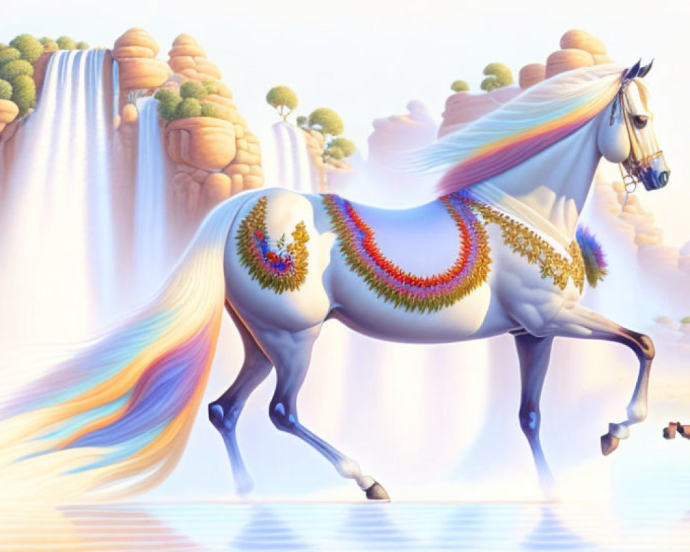 Fantastical white horse with rainbow mane beside waterfall in whimsical desert landscape