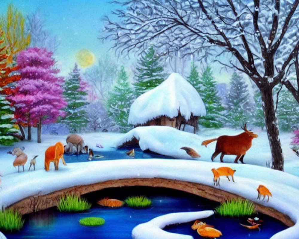 Seasonal Transition Painting: Snowy Cottage & Colorful Landscape