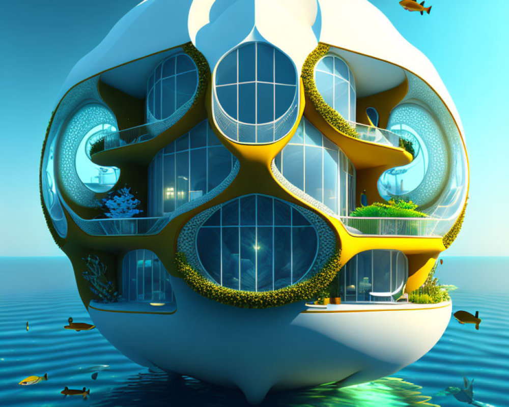 Spherical underwater habitat with multiple levels and marine life.