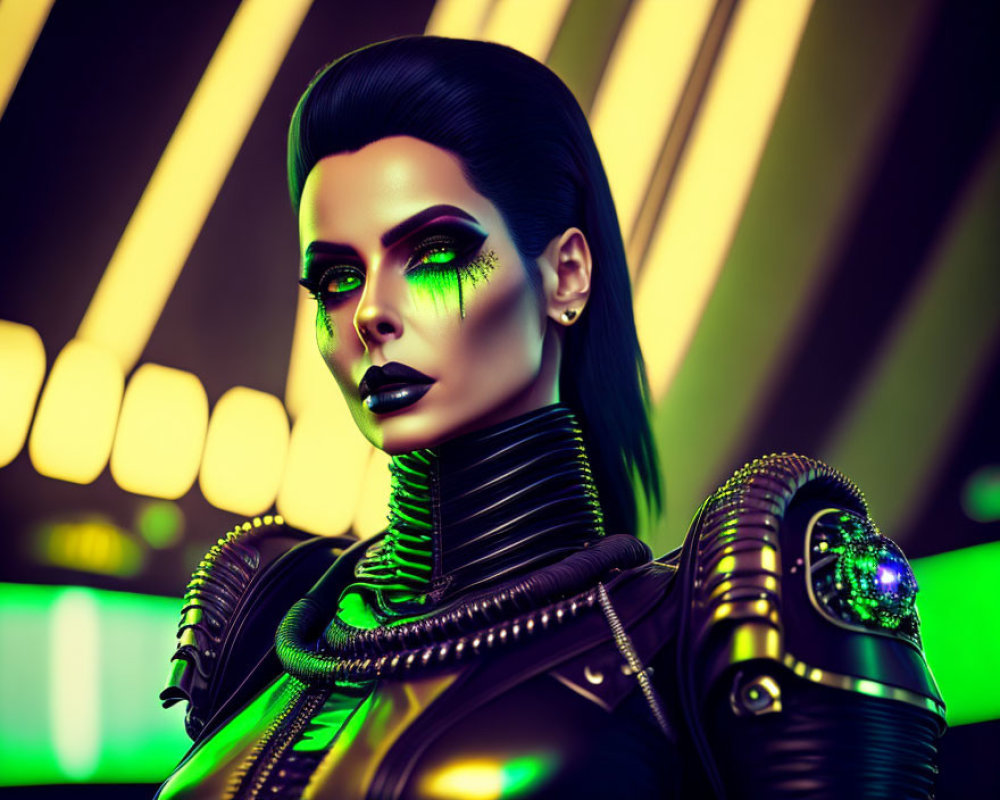 Futuristic female cyborg in black armor with glowing green eyes