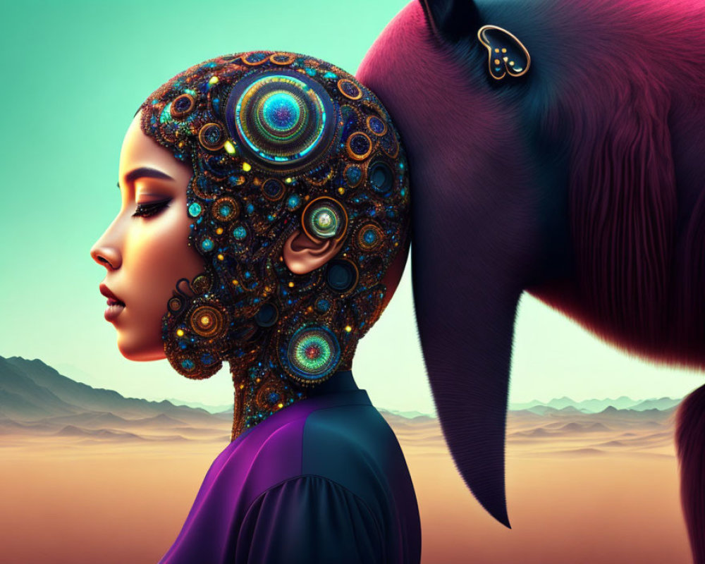 Futuristic mechanical headpiece on woman in desert landscape