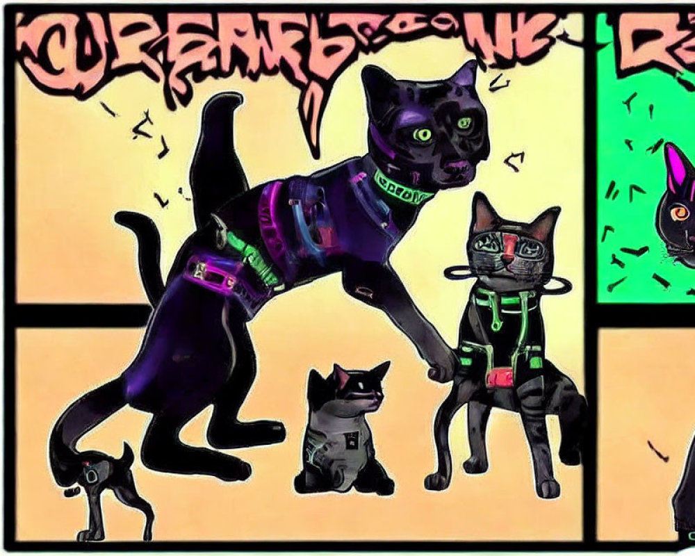 Cyberpunk cats in neon gear, striking action poses on graffiti backdrop