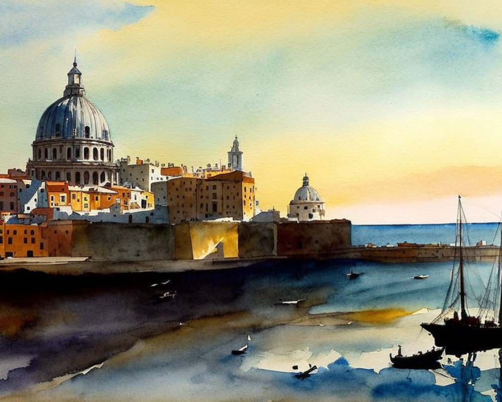 Coastal Cityscape Watercolor Painting at Sunset