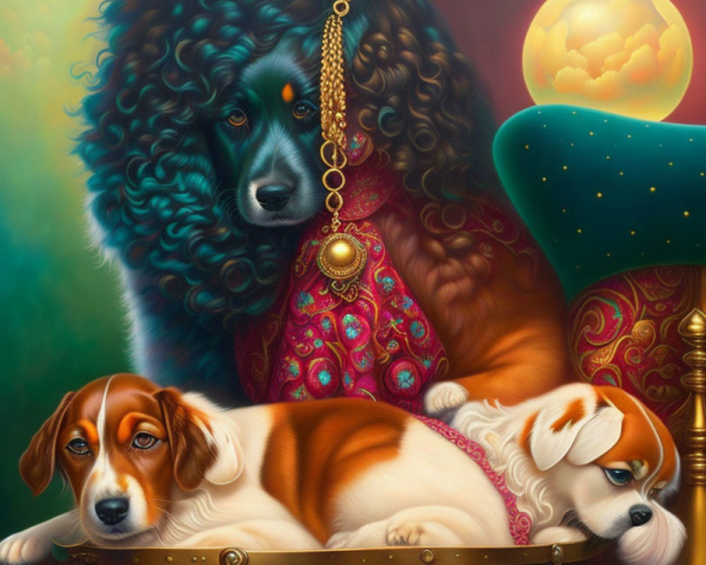 Regal Painting of Three Dogs Under Moonlit Sky