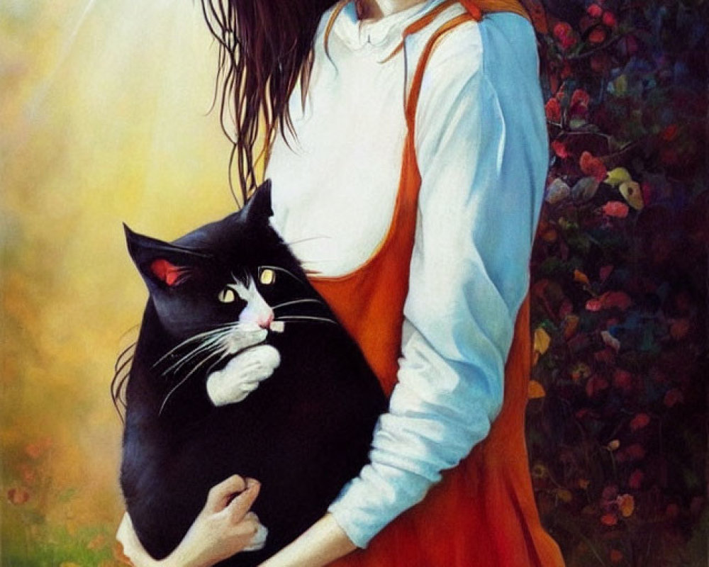 Woman in orange dress holding black and white cat in serene garden scene