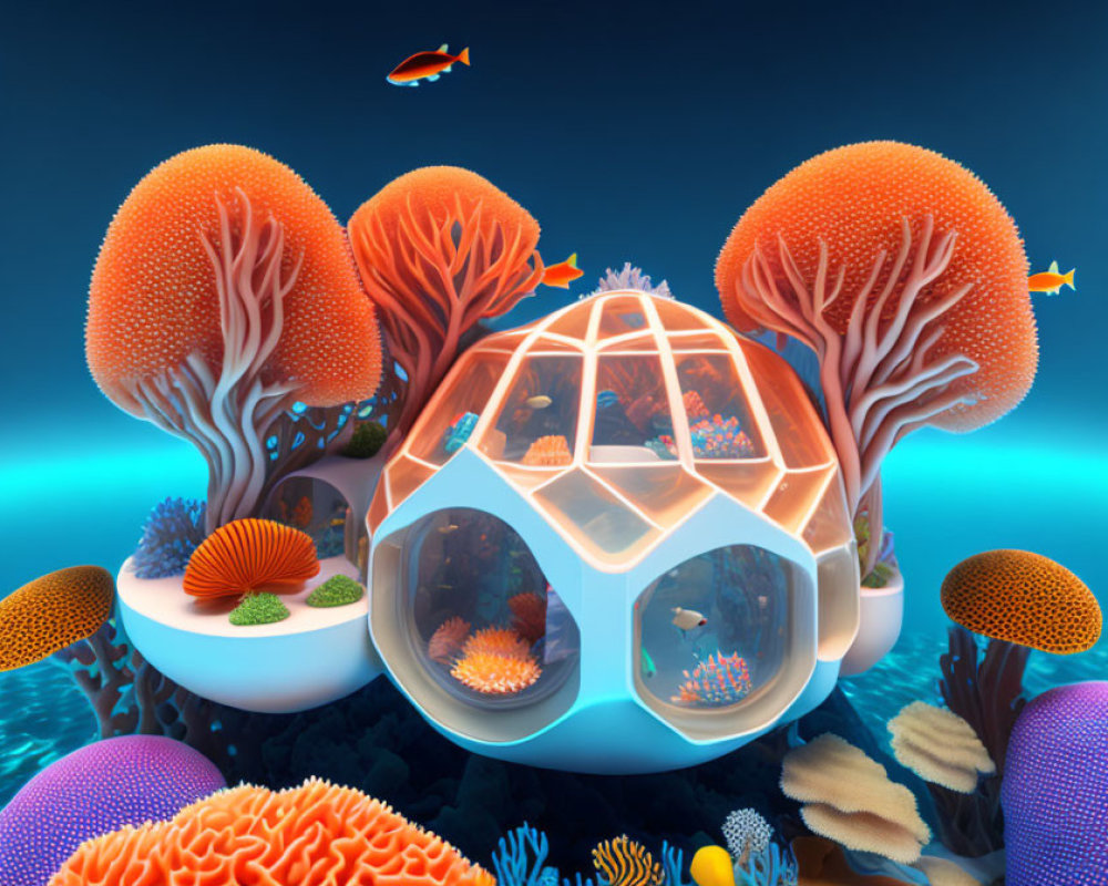 Futuristic underwater habitat with dome-like structure and vibrant marine life