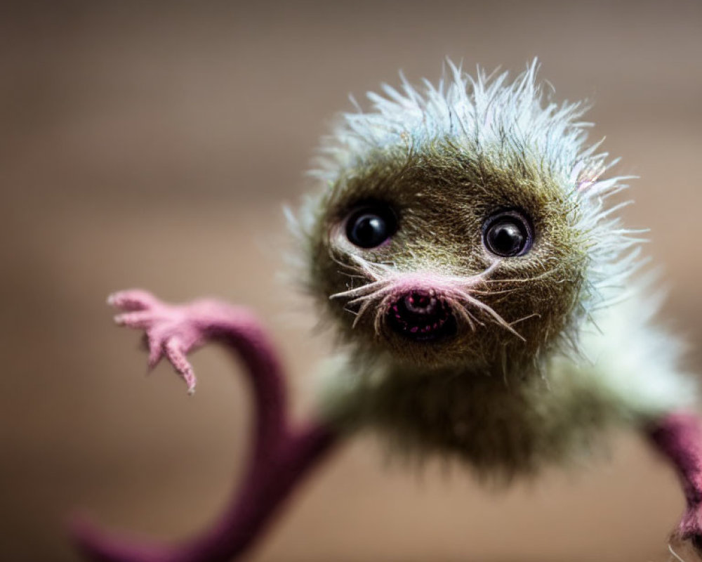 Furry Green Creature with Black Eyes and Pink Features