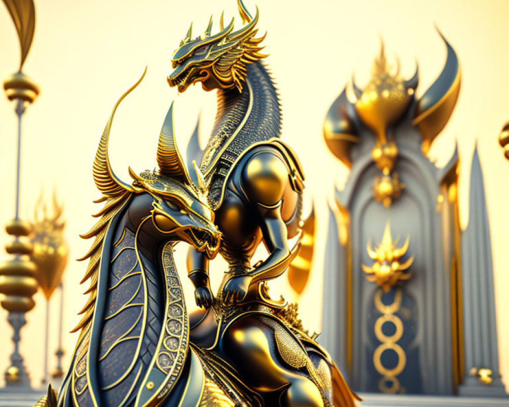 Golden dragon-headed warrior in ornate armor at fantastical palace