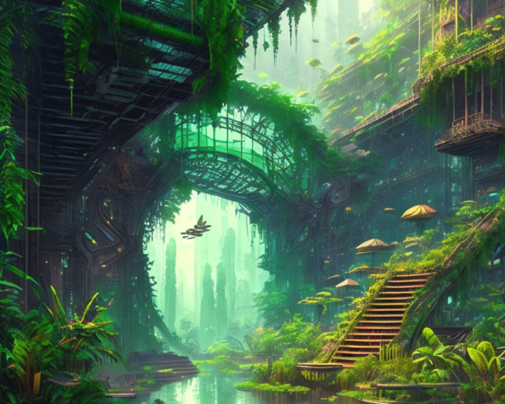 Lush Greenery and Overgrown Buildings in Futuristic Cityscape