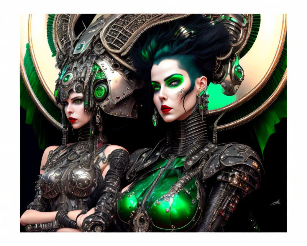 Two female cyberpunk characters in elaborate headdresses and futuristic outfits