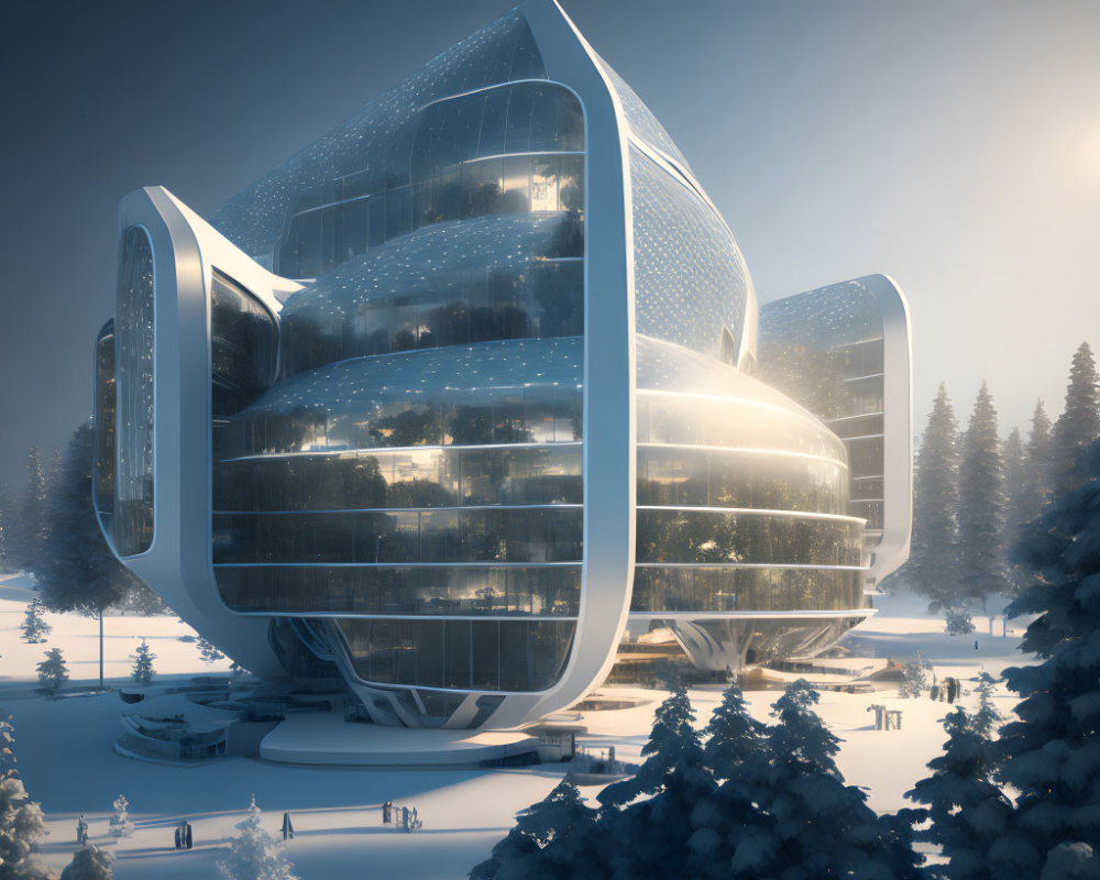 Futuristic glass building in snowy landscape with evergreen trees