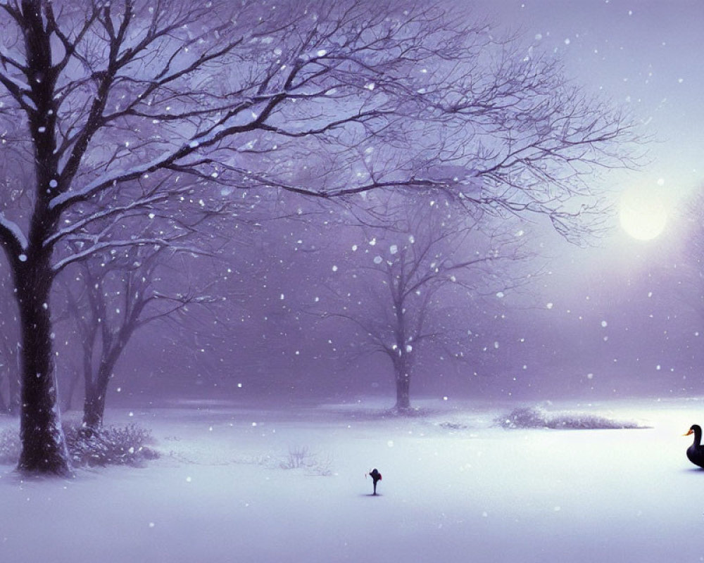 Tranquil winter landscape with snowfall, frozen pond, and swan