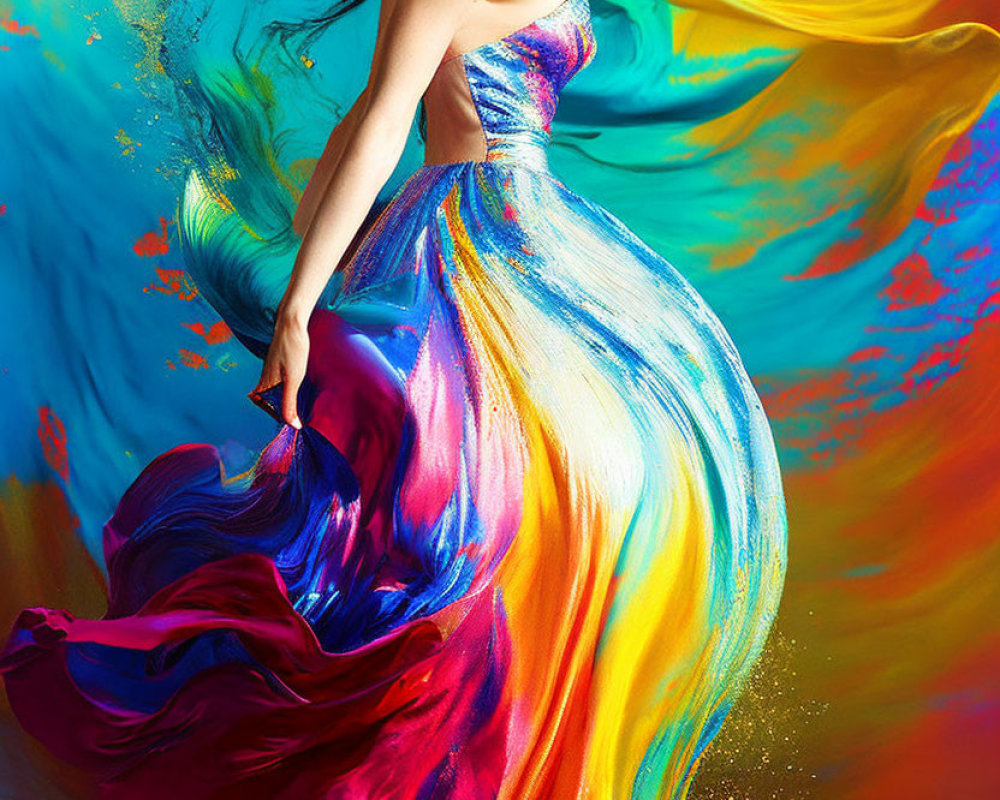 Vibrant woman in flowing dress against colorful backdrop