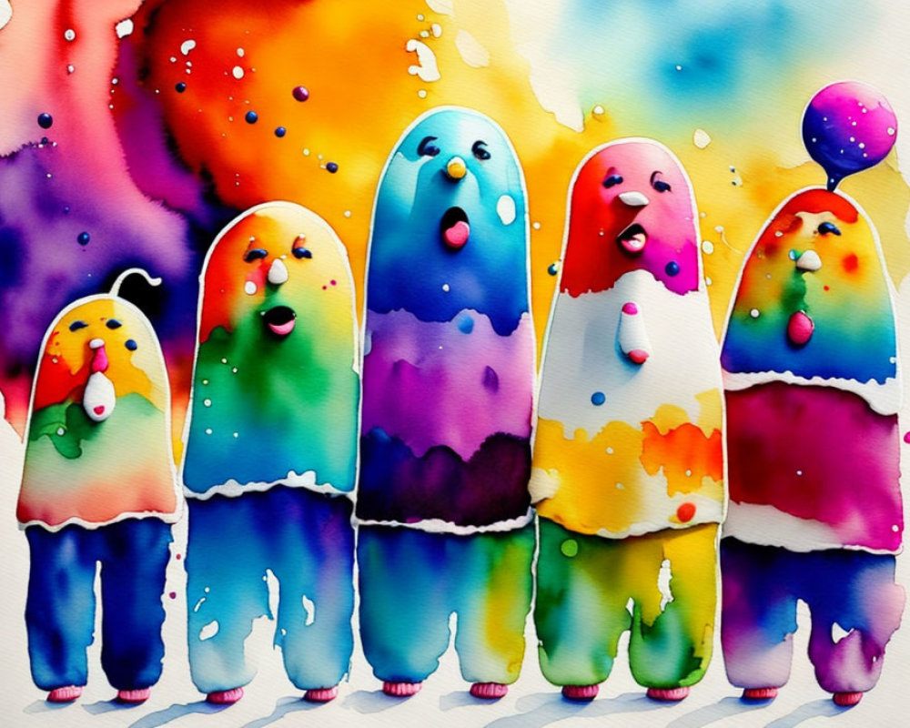 Colorful Cartoon-Like Figures in Whimsical Watercolor Art