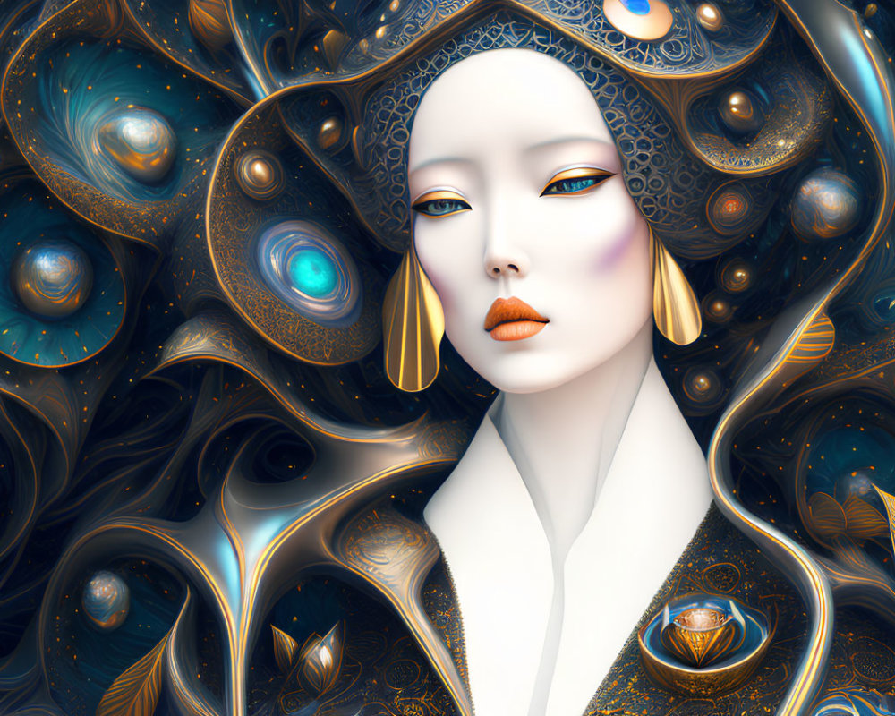 Stylized digital artwork of pale woman with gold and blue patterns