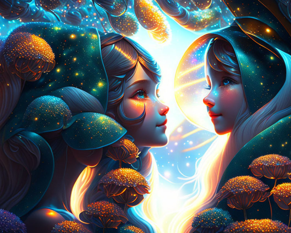 Stylized fantasy female figures with glowing skin in cosmic setting