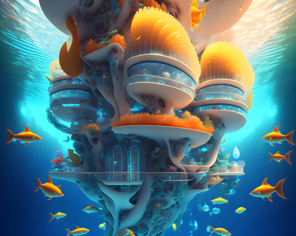 Colorful Digital Artwork: Underwater Scene with Coral Architecture and Fish