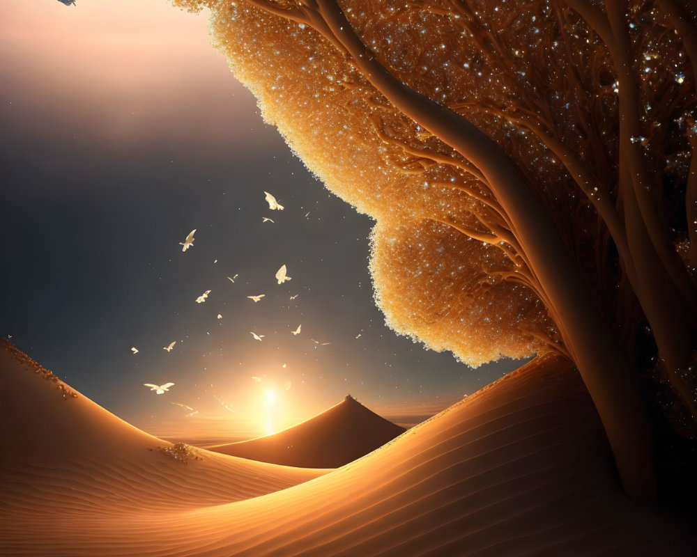 Twilight desert landscape with golden trees, birds, and dunes