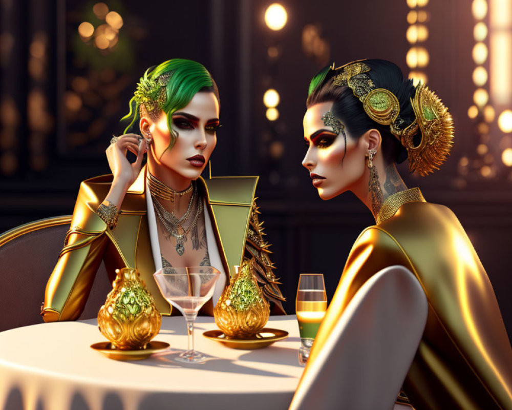 Stylized women with green hair and gold accessories at luxurious table