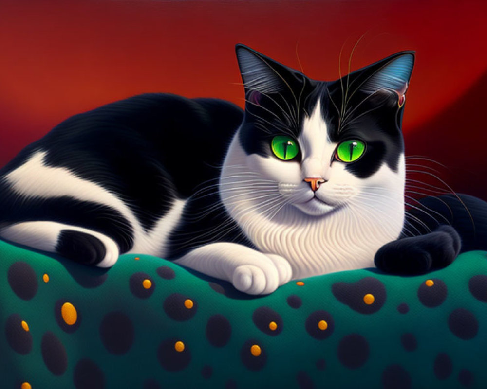 Monochrome Cat with Green Eyes on Dotted Cushion Against Red Background