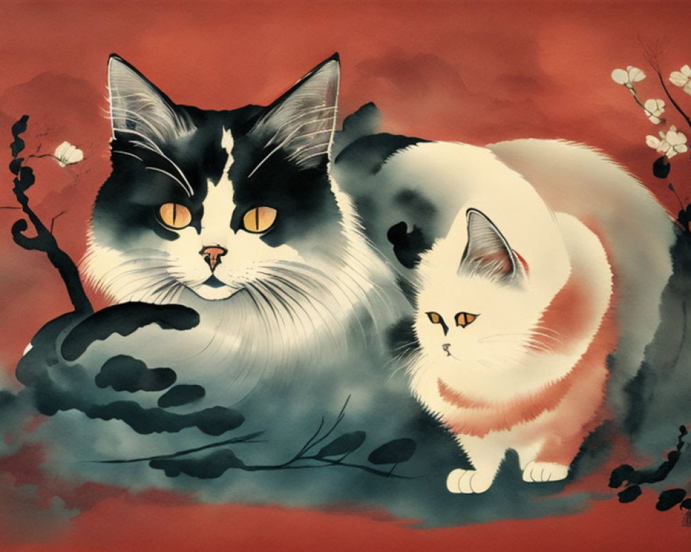 Stylized black and white cats on warm red background with ink-style florals