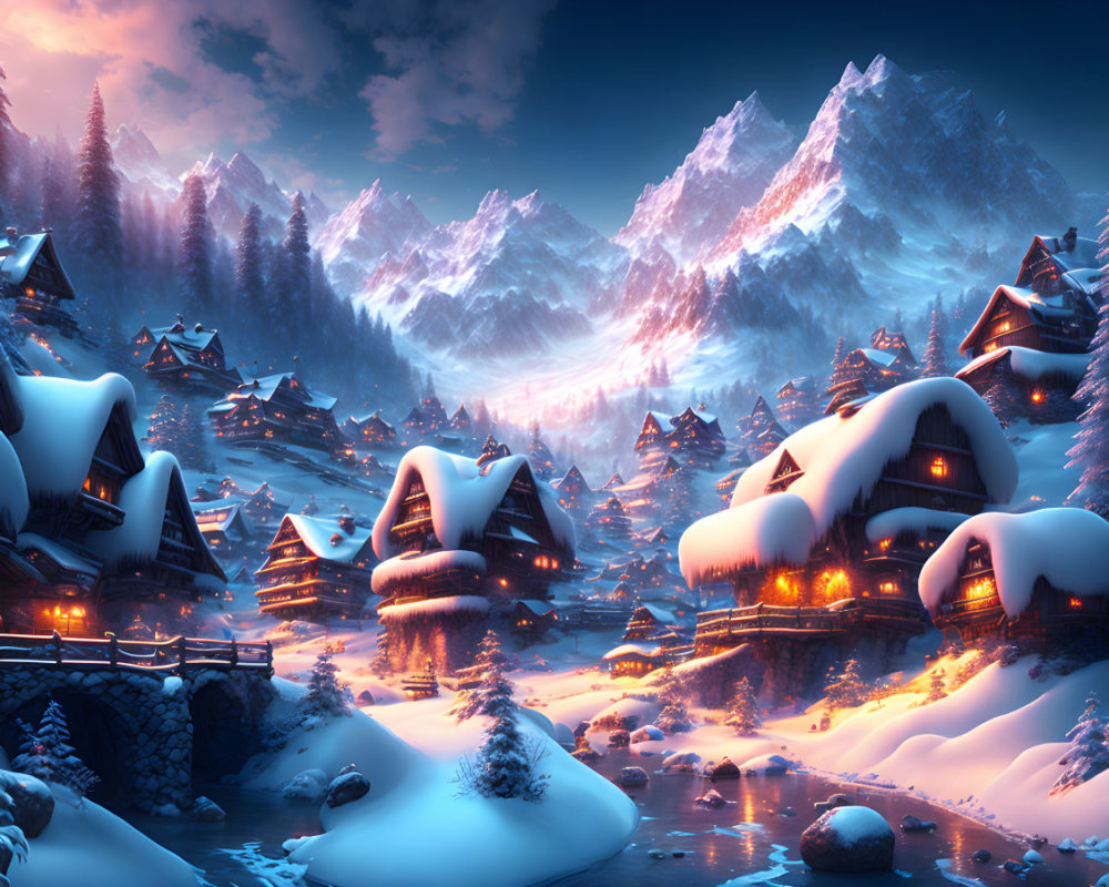 Snowy village with cozy cabins under twilight sky and majestic mountain range.