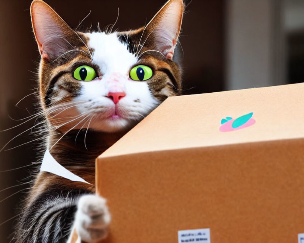 Tabby cat with green eyes peeking over colorful sticker on cardboard box