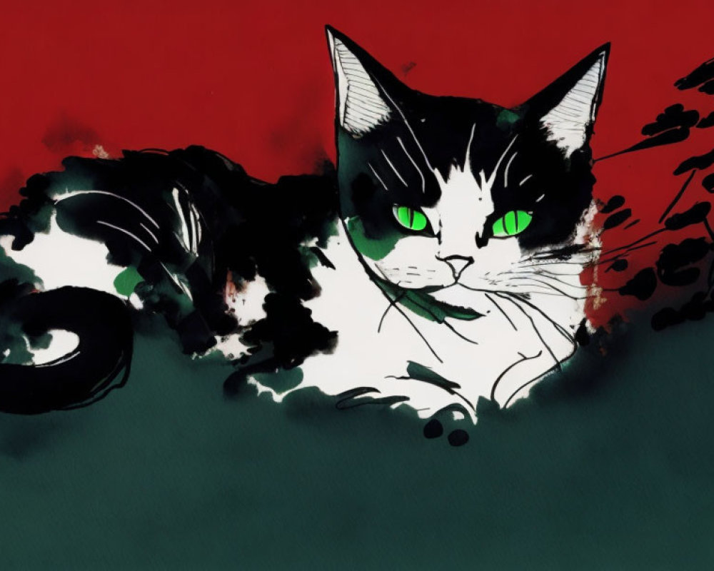 Stylized black and white cat painting with green eyes on red and green background.