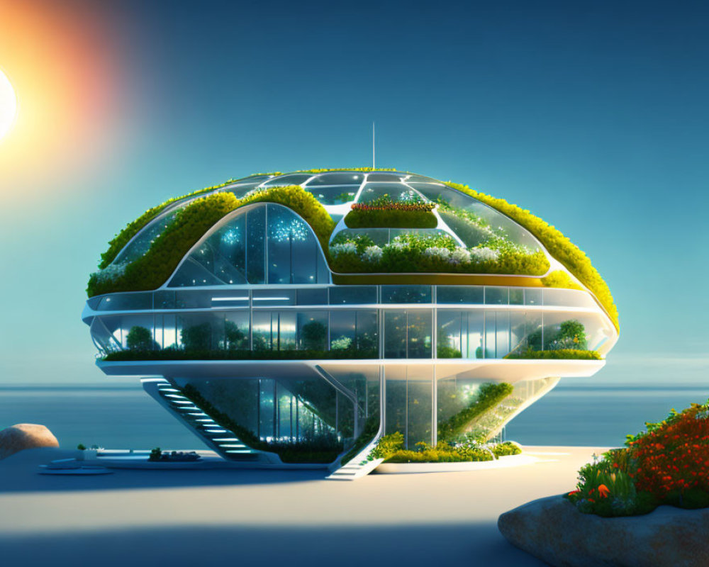 Dome-shaped eco-friendly building with green roof and glass panels at sunset