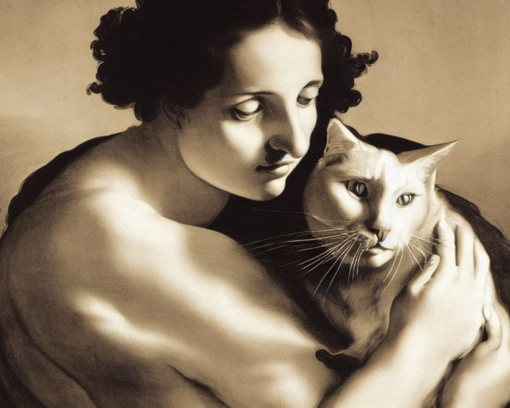 Monochrome artwork of woman embracing large-eyed cat